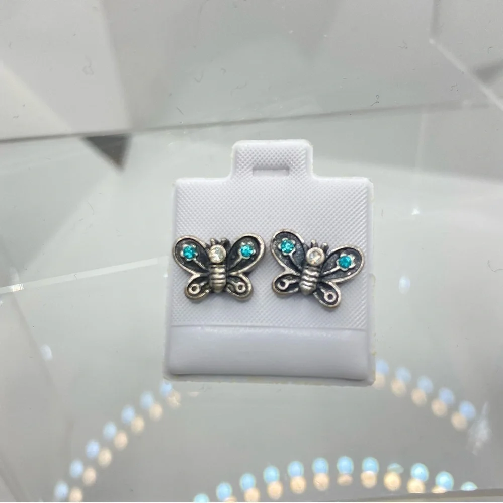 Turtle/ Butterfly Silver-Tone Enamel Rhinestone Stud Pierced Earrings Set Of 2
